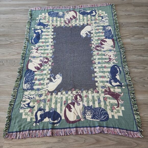 NWT MWW Tapestry Throw Blanket w/ Fringe Edges 4 Cat Cottagecore Vtg 1992 NOS - Picture 1 of 10